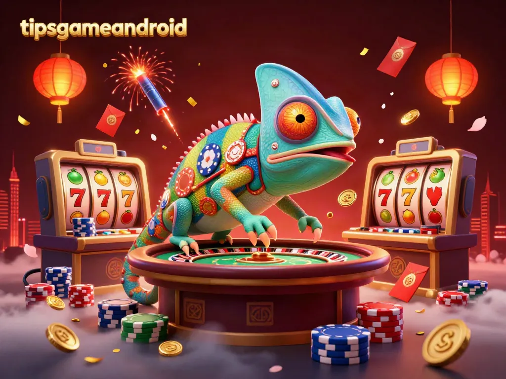 Experience thrilling gaming with tipsgameandroid featuring a lively chameleon casino owner and vibrant slot elements.