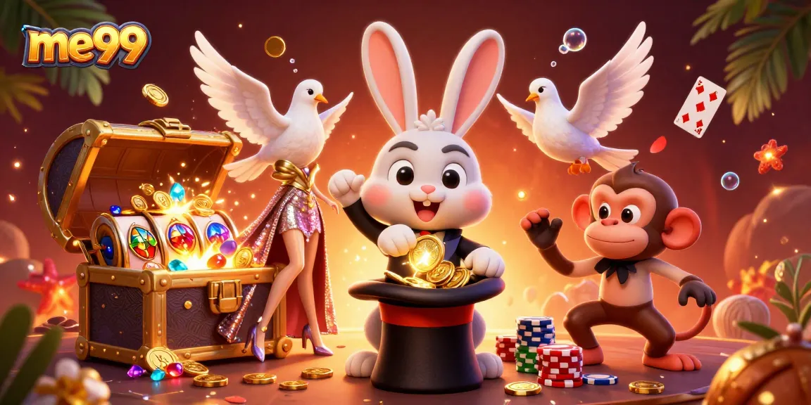 Experience the excitement with me99's cartoon characters in a vibrant casino scene.