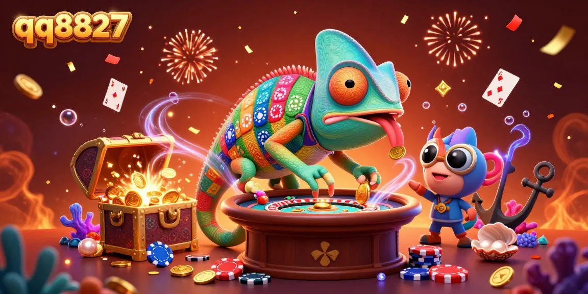 Engage in thrilling gameplay at qq8827 with a dynamic 3D chameleon casino owner amidst vibrant casino elements.
