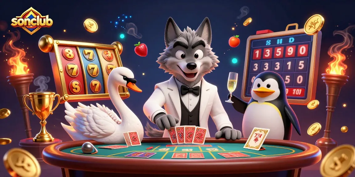 sonclub engages in a vibrant online gaming scene showcasing slot machines and charming characters.