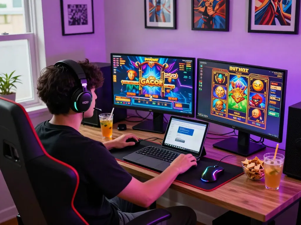 Excited player engaged in a slot online gacor gaming session at a modern setup with vibrant graphics.