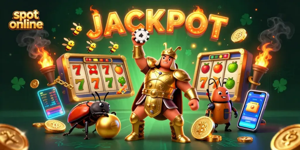 Menangkan slot online dengan simbol jackpot dan karakter menarik dalam ilustrasi 3D yang hidup.