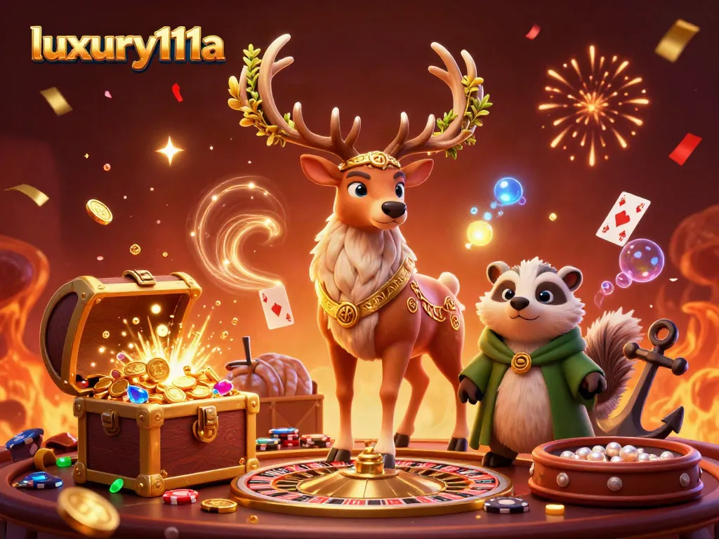 Experience luxury111a with vibrant casino action featuring a Celtic stag, treasures, and spinning wheels.