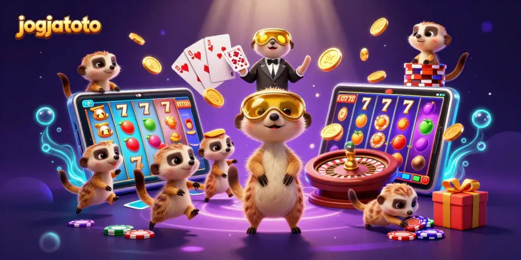 Engage with jogjatoto and explore vibrant slots with a playful meerkat casino scene.
