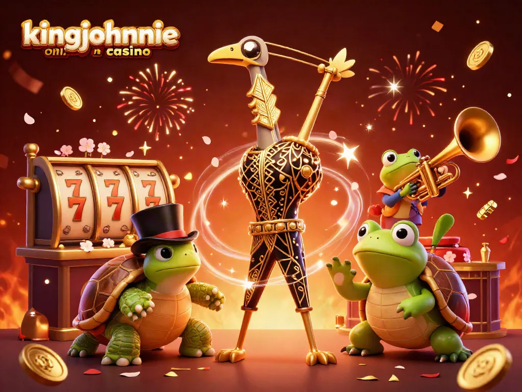 Experience the vibrant kingjohnnie online casino scene with lively characters and festive casino elements.