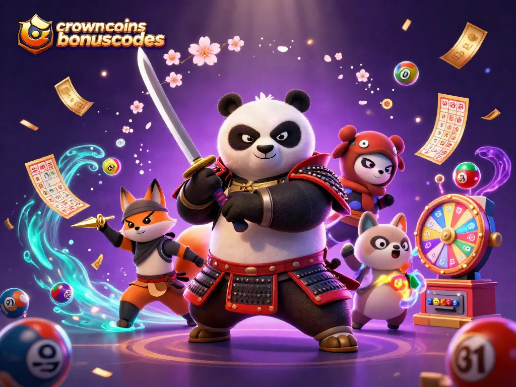 Crowncoinsbonuscodes brings excitement with samurai panda, ninja fox, and tanuki amid vibrant lottery elements.