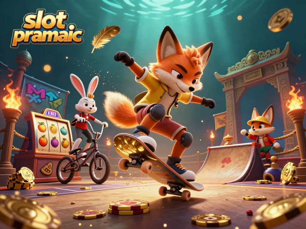 Slot pragmatic menampilkan seekor rubah skater dan kelinci BMX melompat di atas chip poker emas.