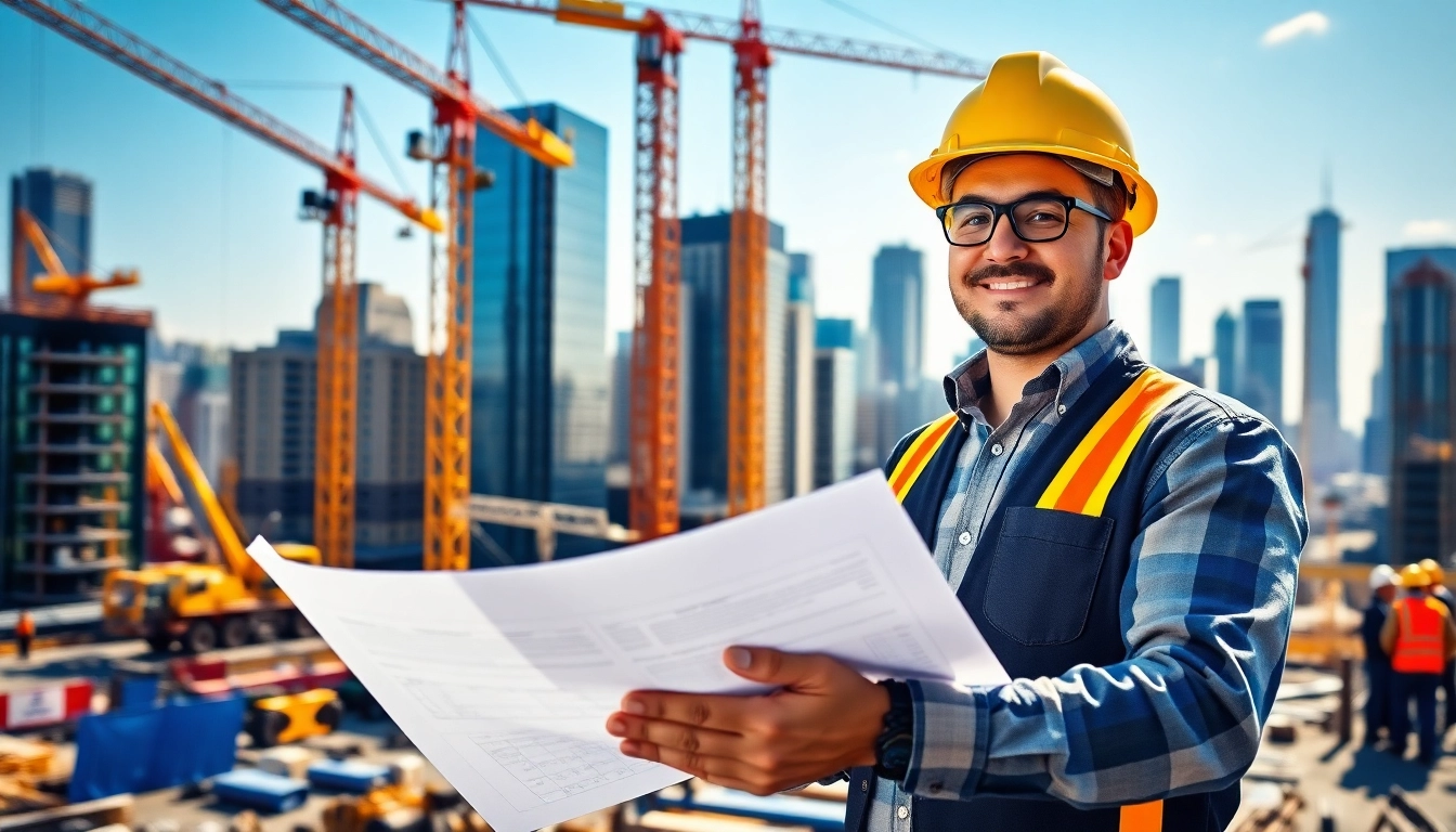 Manhattan Commercial General Contractor reviewing blueprints at a busy construction site in Manhattan.