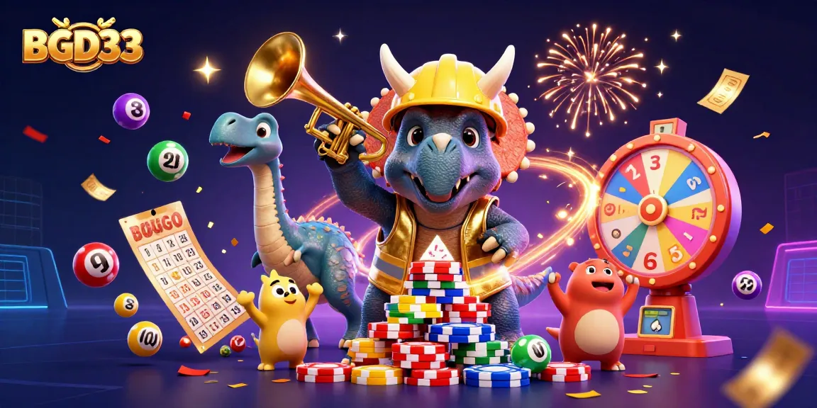 BGD33 promotes excitement with a triceratops and parasaurolophus celebrating big wins in a lively casino scene.