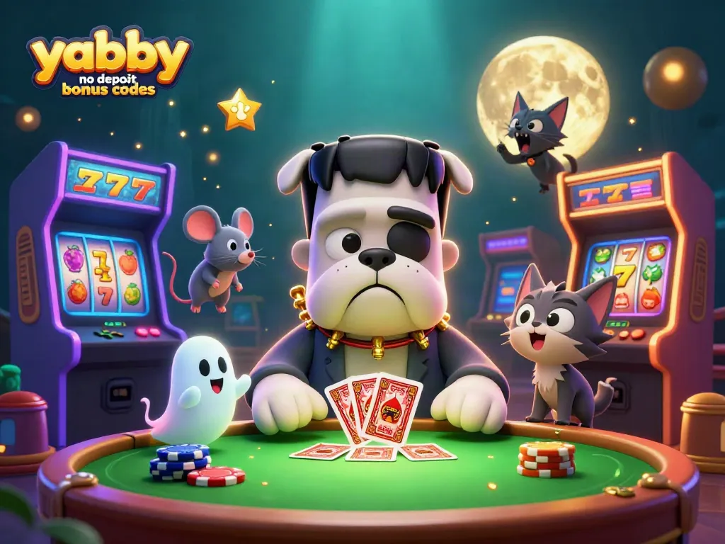 Play with Yabby no deposit bonus codes while enjoying a vibrant casino-themed illustration of card games.