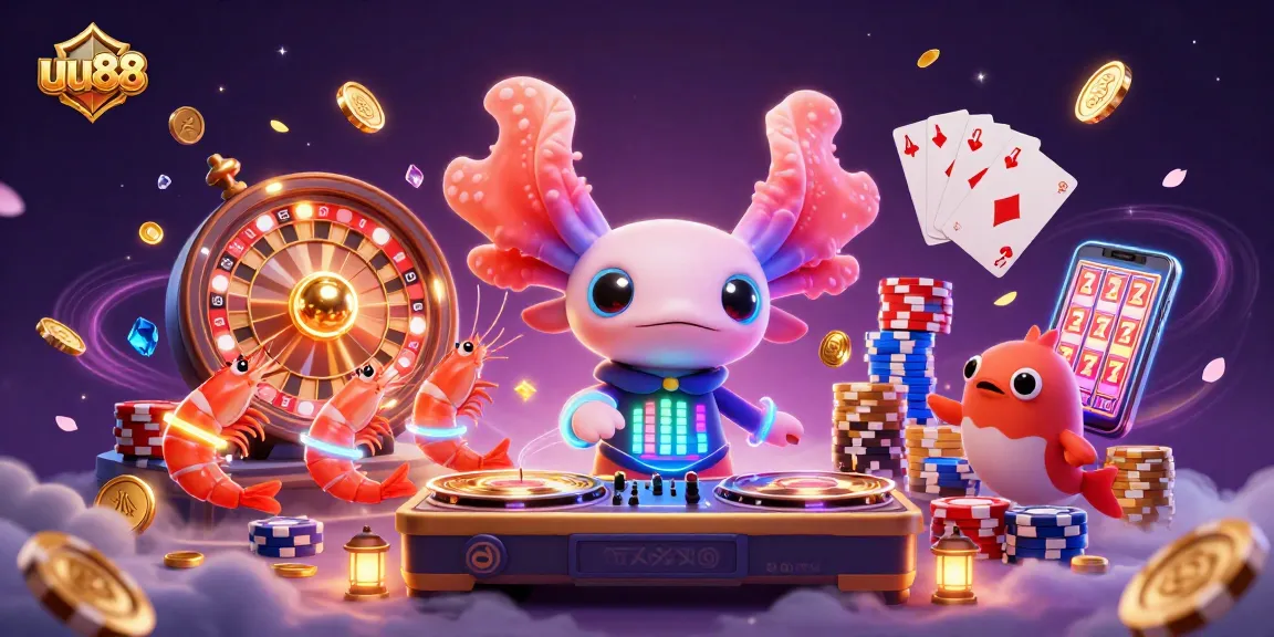 Experience the thrilling world of uu88 with a neon-colored axolotl DJ and vibrant casino elements.