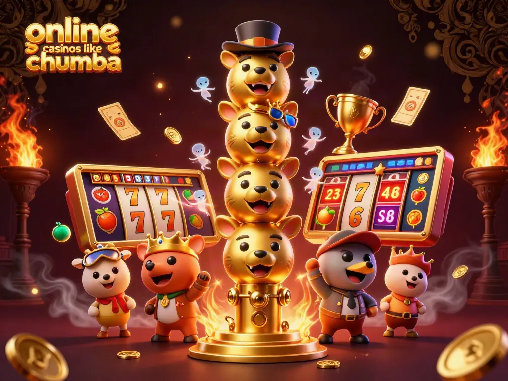 Experience online casinos like chumba with vibrant slots and colorful gaming elements in a dynamic 3D illustration.