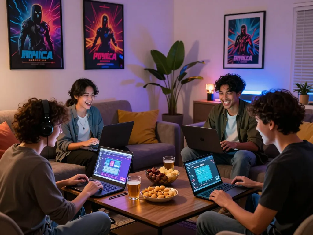 Engaged friends playing html porn games in a cozy living room, showcasing a fun gaming atmosphere.