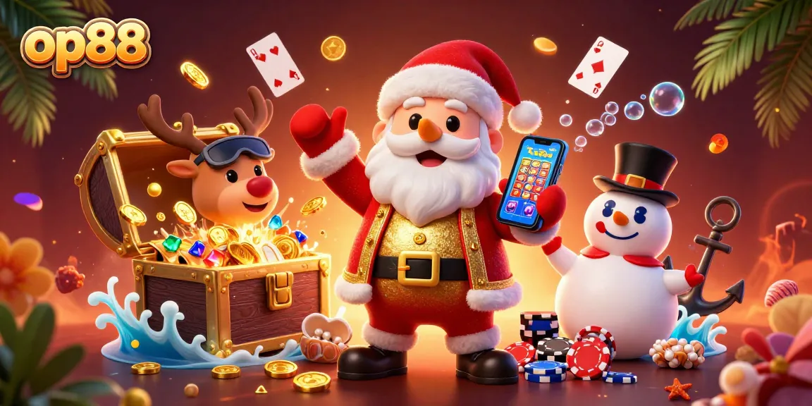 Experience the thrill at op88 as Santa celebrates slots winnings with friends in a vibrant casino scene.