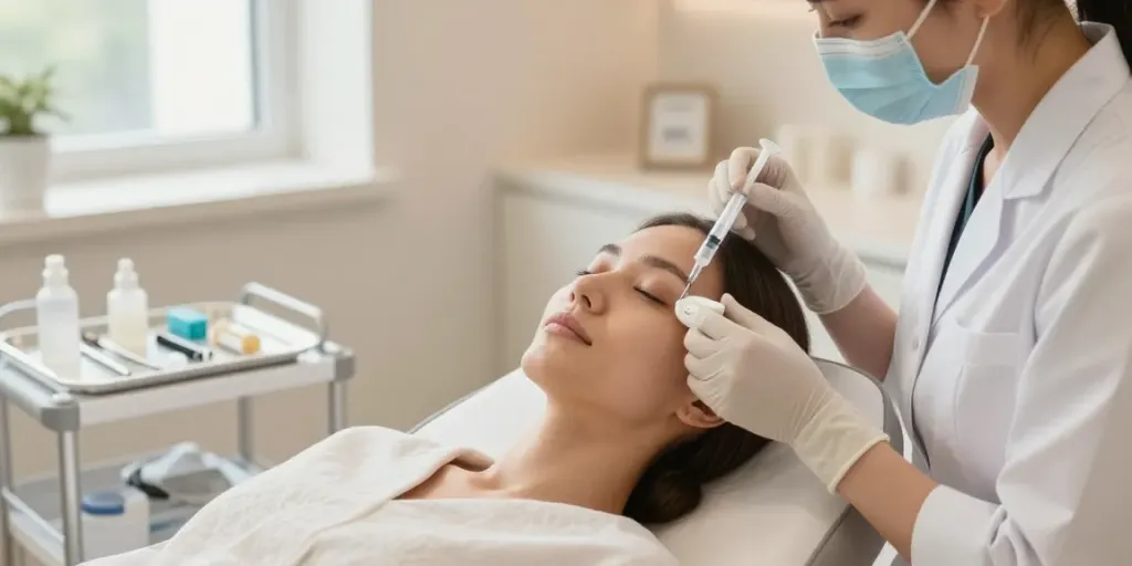 Behandlung zum Entfernen von Augenringen in einer modernen Dermatologie-Klinik mit Expertin, die Hyaluronsäure anwendet.