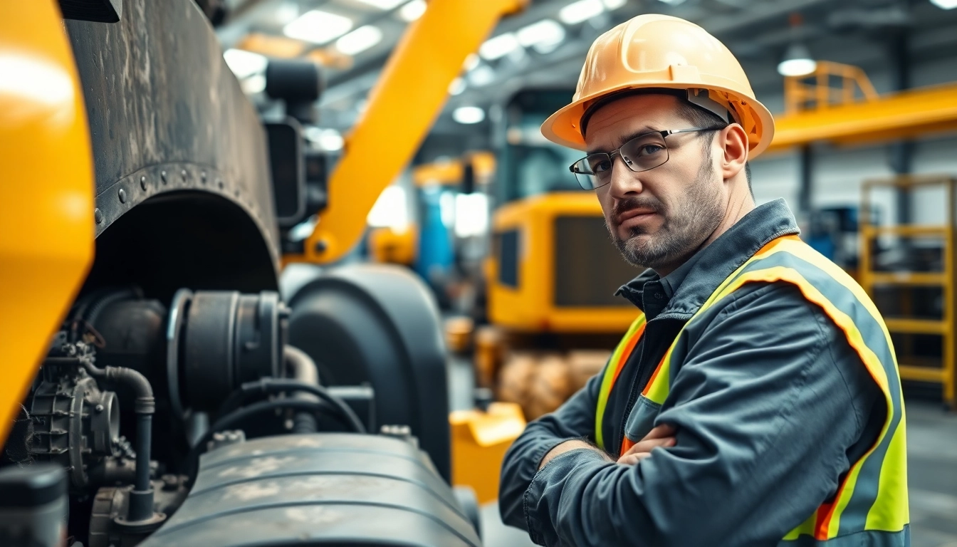 Technician providing equipment service on heavy machinery in a professional setting.