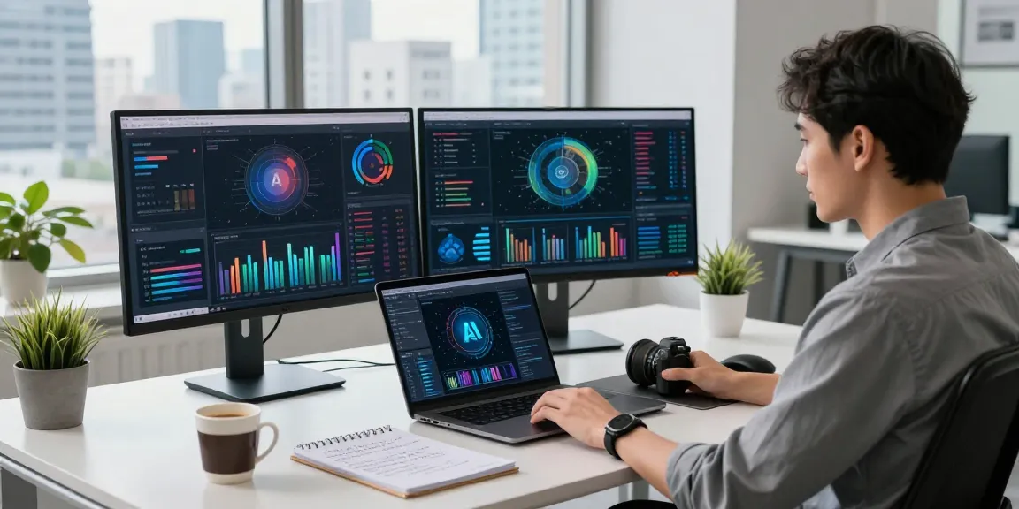 AI Image Detector in a tech workspace with multiple screens analyzing AI-generated images.