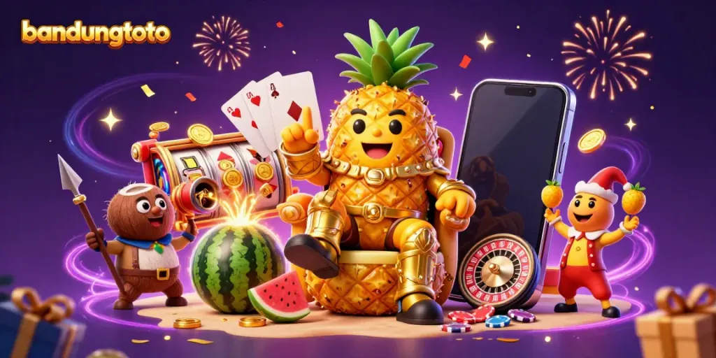Join the fun with bandungtoto's vibrant casino scene featuring a pineapple king and lively game elements.