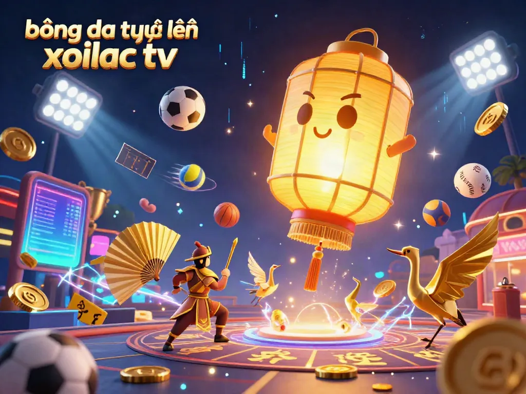 Experience bóng đá trực tuyến xoilac tv with dynamic sports balls and vibrant casino elements in this lively illustration.