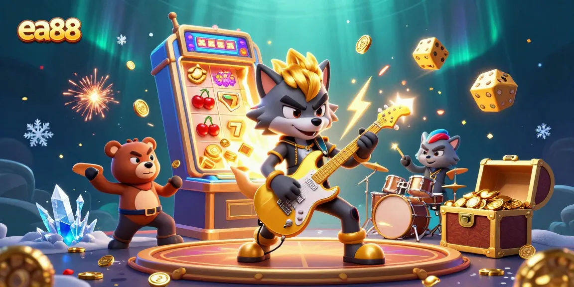 ea88 casino scene with a rock star wolf and drummer bear, celebrating big wins with colorful slot game elements.