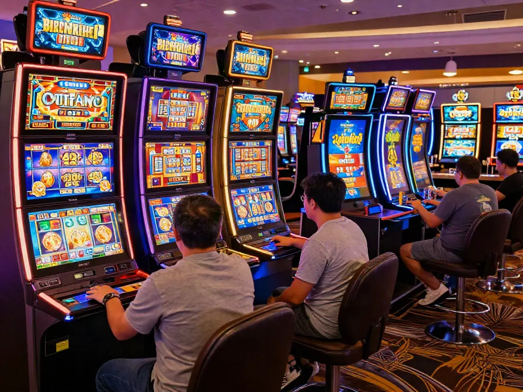 Engaging casino scene featuring players at slot gacor machines, vibrant lights and lively atmosphere.