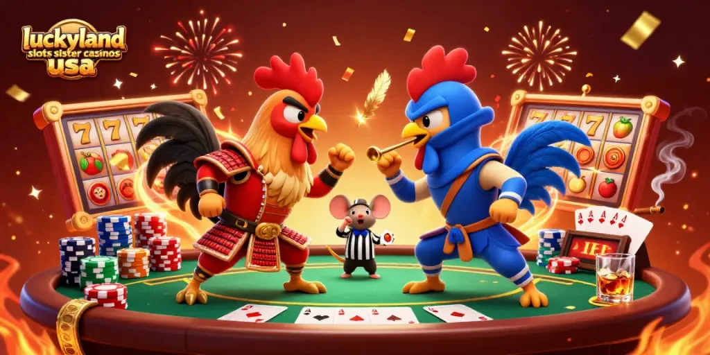 Experience the thrill of luckyland slots sister casinos usa with a vibrant 3D illustration capturing an exciting duel.