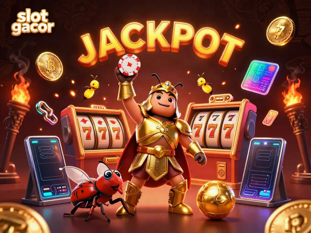 Experience the thrill of slot gacor with a victorious beetle hero lifting a poker chip in a vibrant casino scene.
