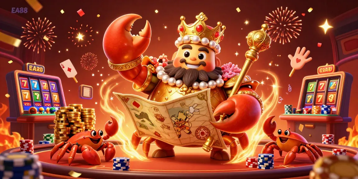 Experience the thrill of EA88 with a vibrant underwater casino scene featuring a golden crab emperor surrounded by treasure.