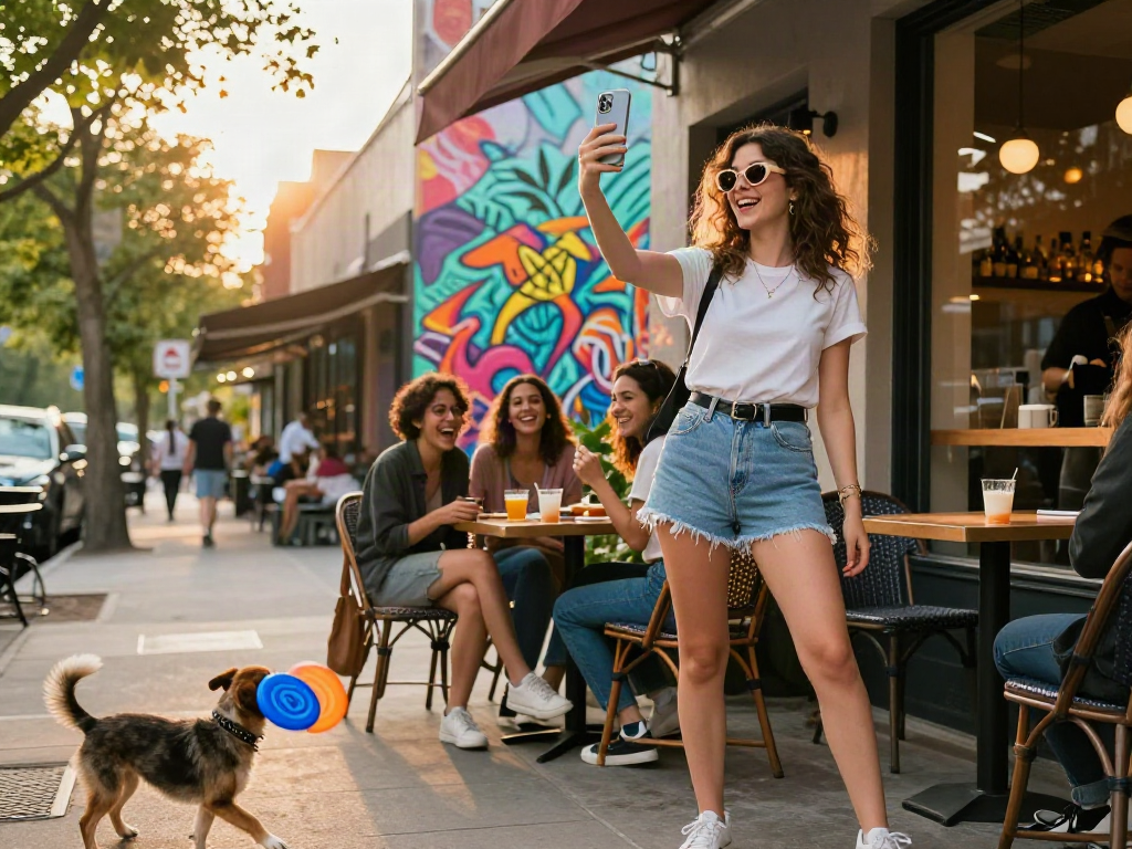 Young woman with sunglasses and stylish outfit taking a selfie that looks like a celebrity in vibrant urban café setting.