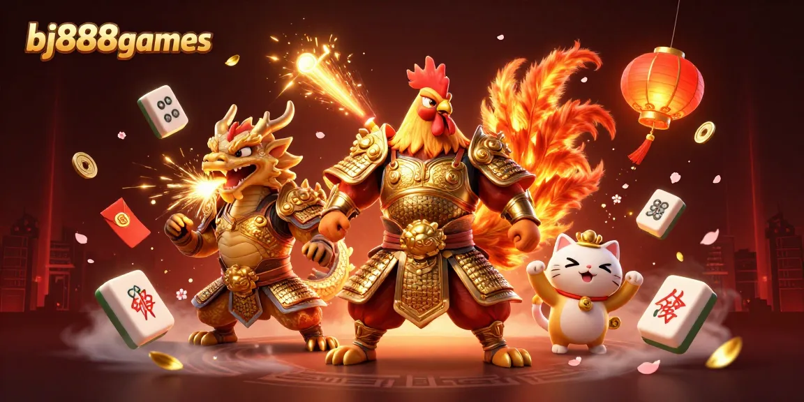 BJ888games showcases thrilling gambling with a 3D rooster warrior, dragon hatchling, and festive game elements