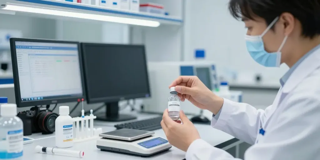 Using a peptide calculator for accurate dosing in a modern lab setting.