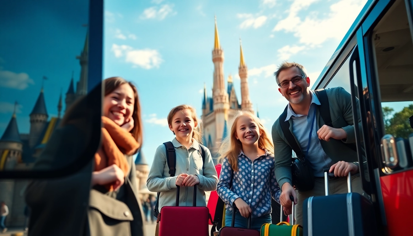 Travelers heading from Disneyland Paris to airport on a cheerful shuttle bus.