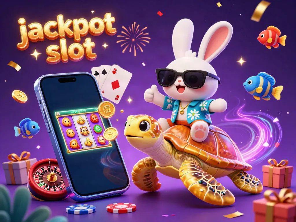Spin the jackpot slot with this vibrant scene featuring a lucky rabbit and golden turtle.