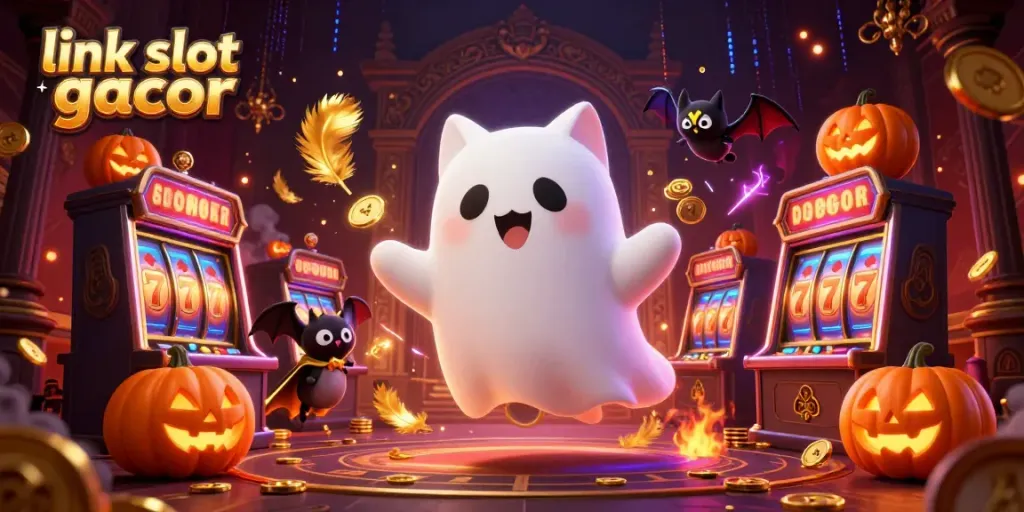 Experience thrilling wins with link slot gacor in a vibrant haunted casino scene.