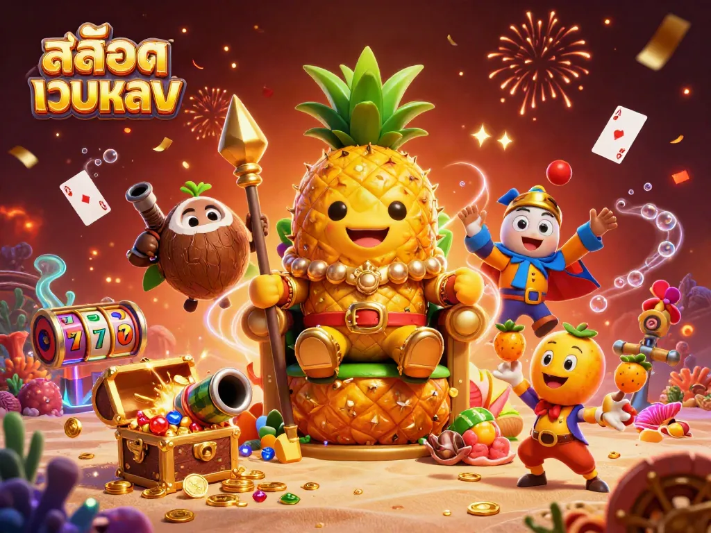 Engage with สล็อตเว็บตรง featuring vibrant 3D animation of a pineapple king and tropical elements in a casino setting.