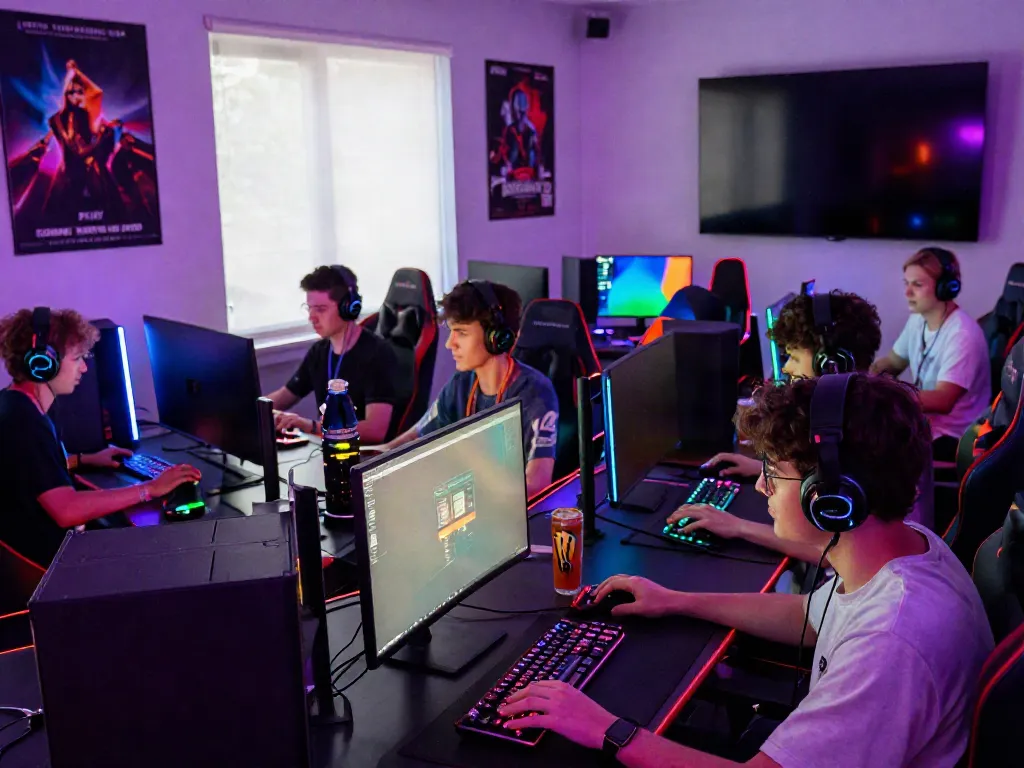 Players engaged in an intense gaming session centered around situs gacor, showcasing personalized setups and vibrant atmosphere.