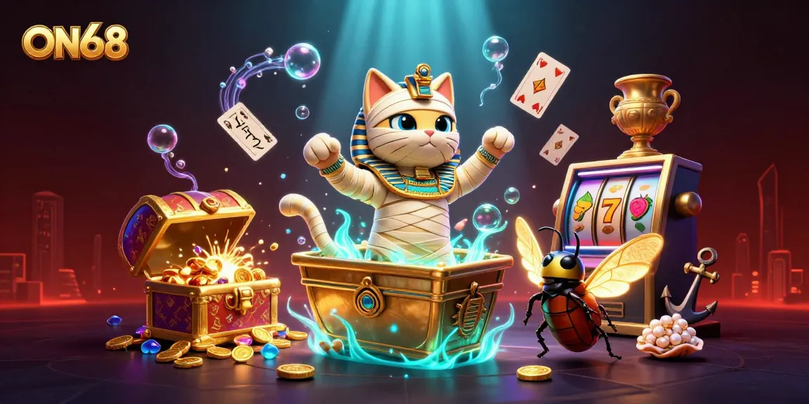 Experience the excitement at ON68, where the mummy cat bursts from a pyramid casino surrounded by vibrant gambling elements.