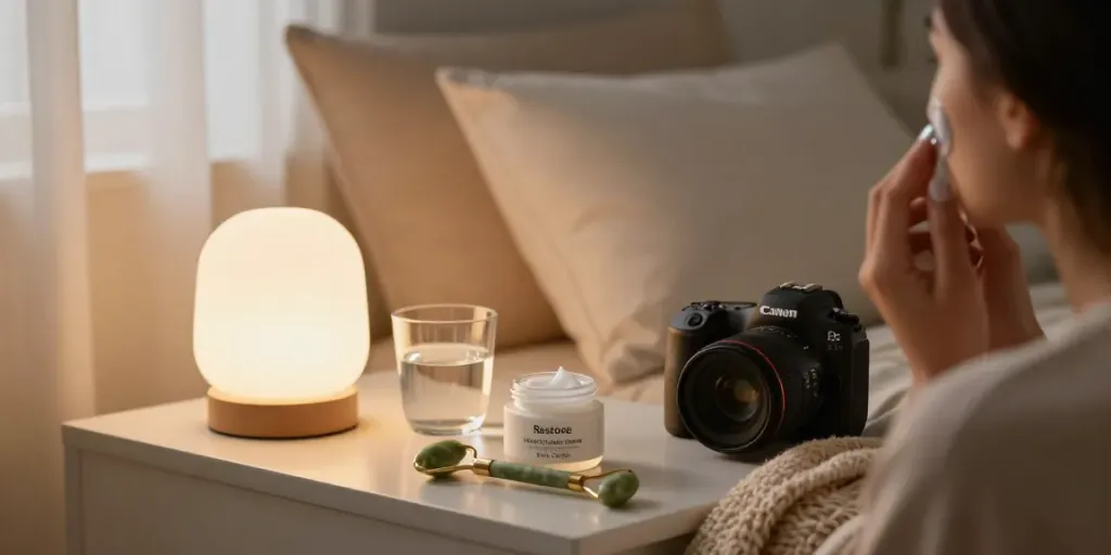 Application scene of Nigh Creme skincare in a cozy bedroom before sleep, serene atmosphere.