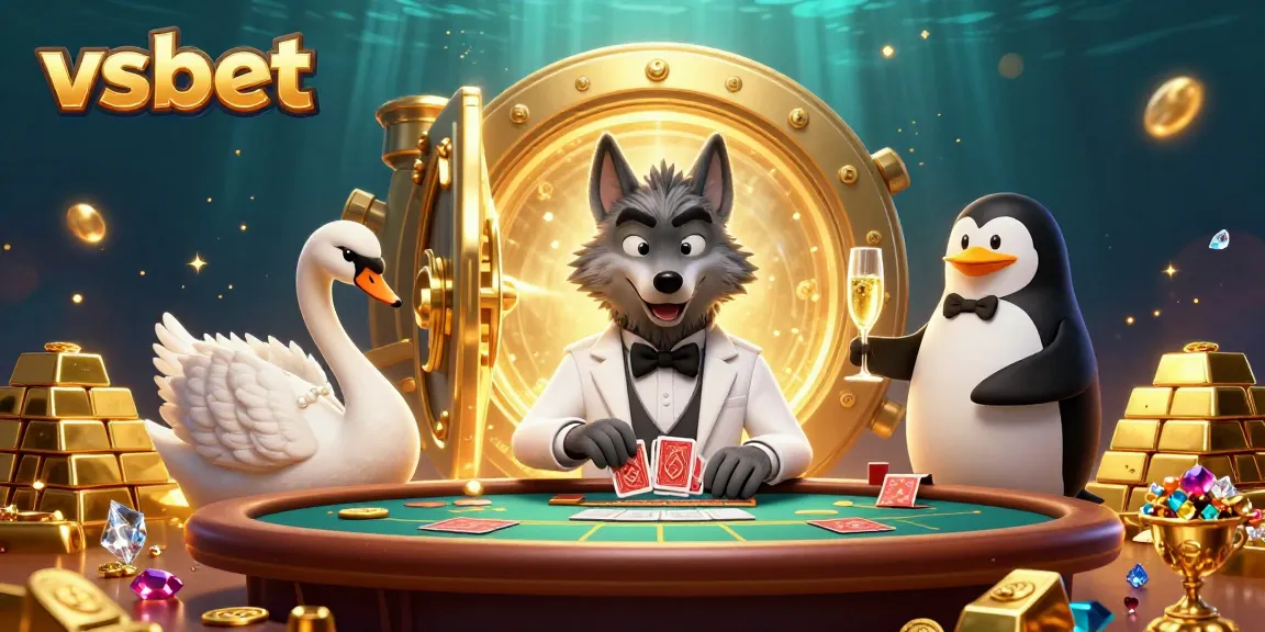 Experience excitement at VSBET with a debonair wolf, swan dealer, and penguin sommelier amidst casino treasures.