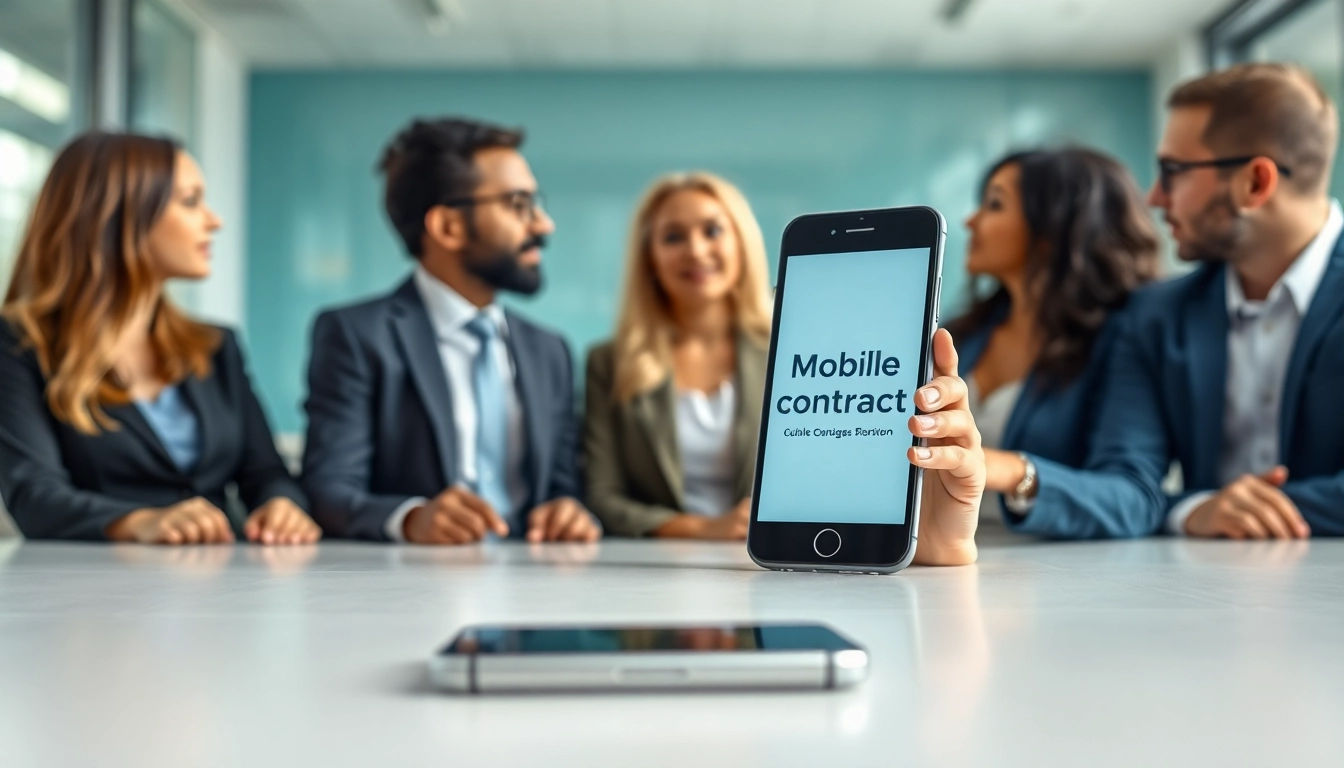 Engaging professionals discussing business mobile contracts UK in a modern office setting.
