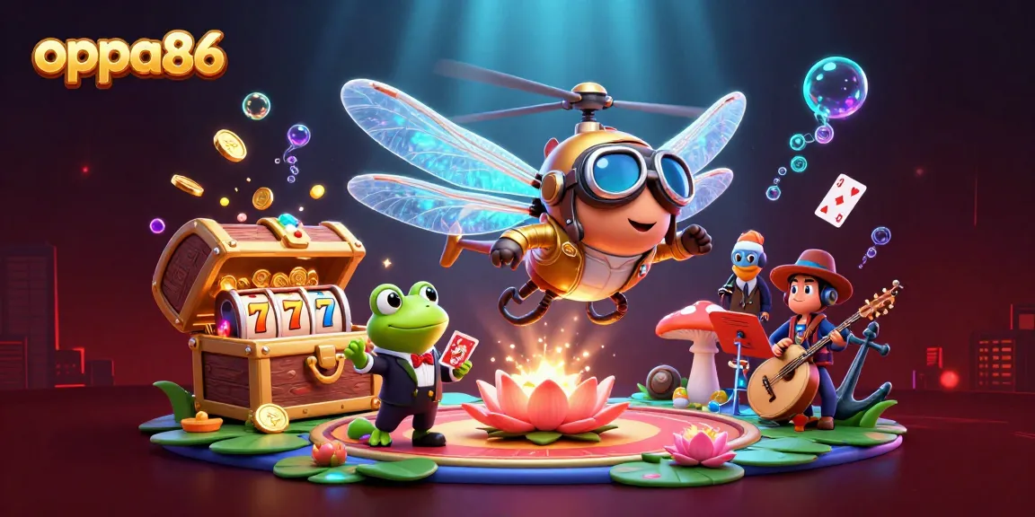Engage in lively gameplay with oppa86 featuring a dragonfly pilot and frog croupier in a vibrant casino scene.
