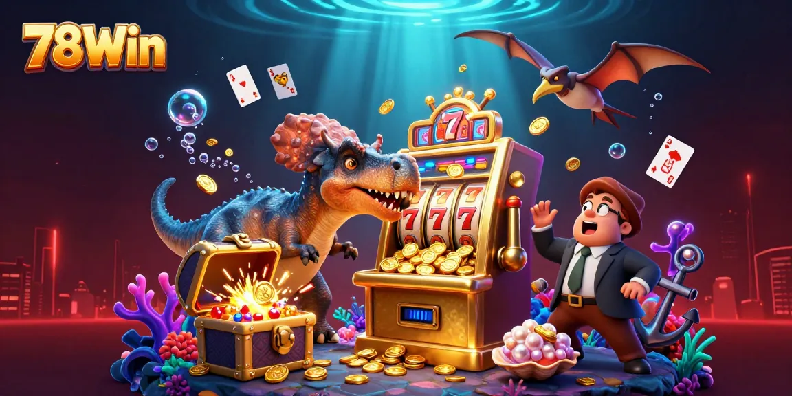 Experience the thrill at 78Win with a dinosaur jackpot scene featuring coins and slot adventures.