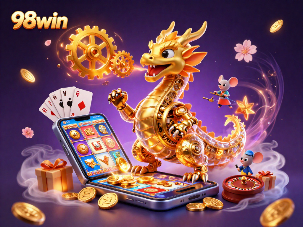 Engage with 98win's thrilling casino world illustrated by a golden dragon and vibrant game elements.