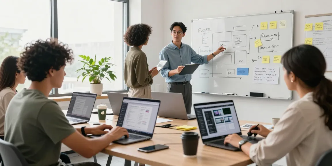 Collaboration scene showing a team building internal tools with AI at a modern workspace, featuring coding, design, and project brainstorming.