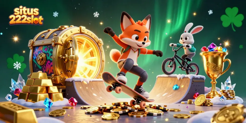 Gambaran penuh warna situs 222slot dengan karakter kartun di arena kasino yang menakjubkan.
