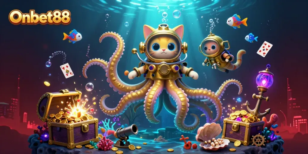 Play exciting games at Onbet88 with vibrant casino-themed 3D illustration featuring treasure and playful characters.