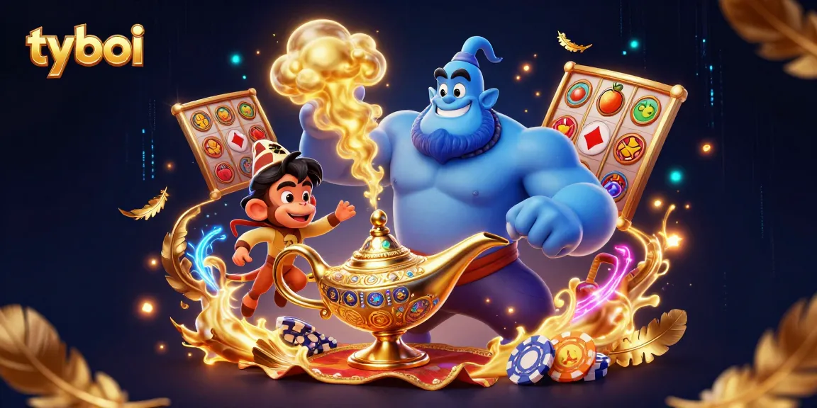 Engage with tyboi's enchanting casino experience featuring a magical genie and vibrant gaming symbols.