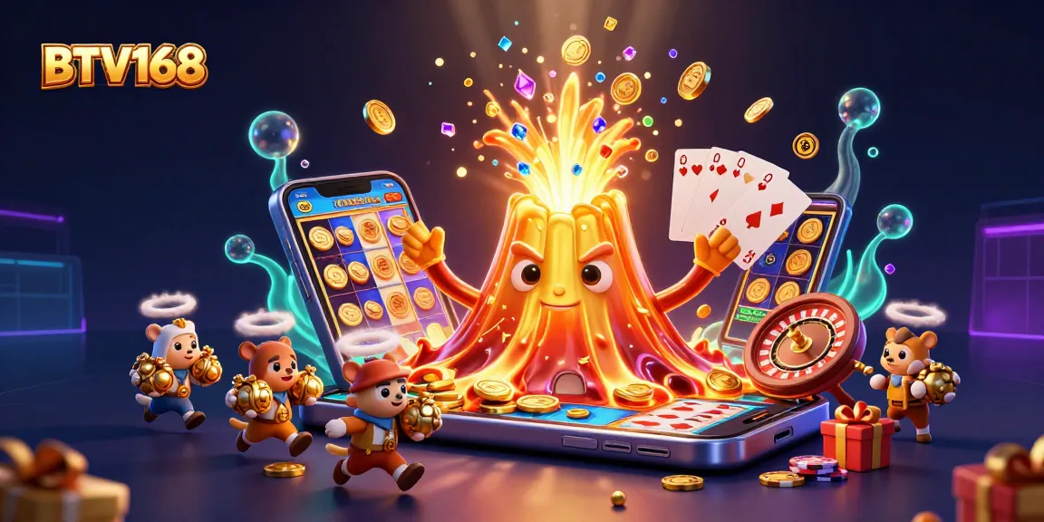 BTV168 brings excitement with a triumphant golden volcano and treasure-hunting explorers in a vibrant casino scene.