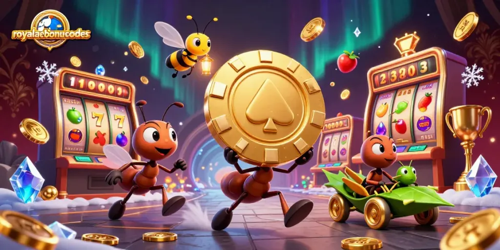 Discover royalacebonuscodes with exciting 3D illustrated heist theme and vibrant gaming elements.