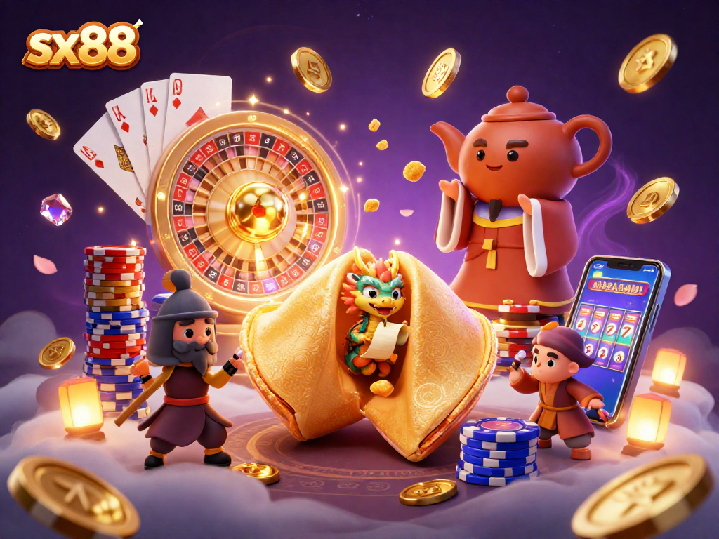 Experience thrilling gaming action with sx88 as a dragon guards a golden fortune cookie among cascading coins.